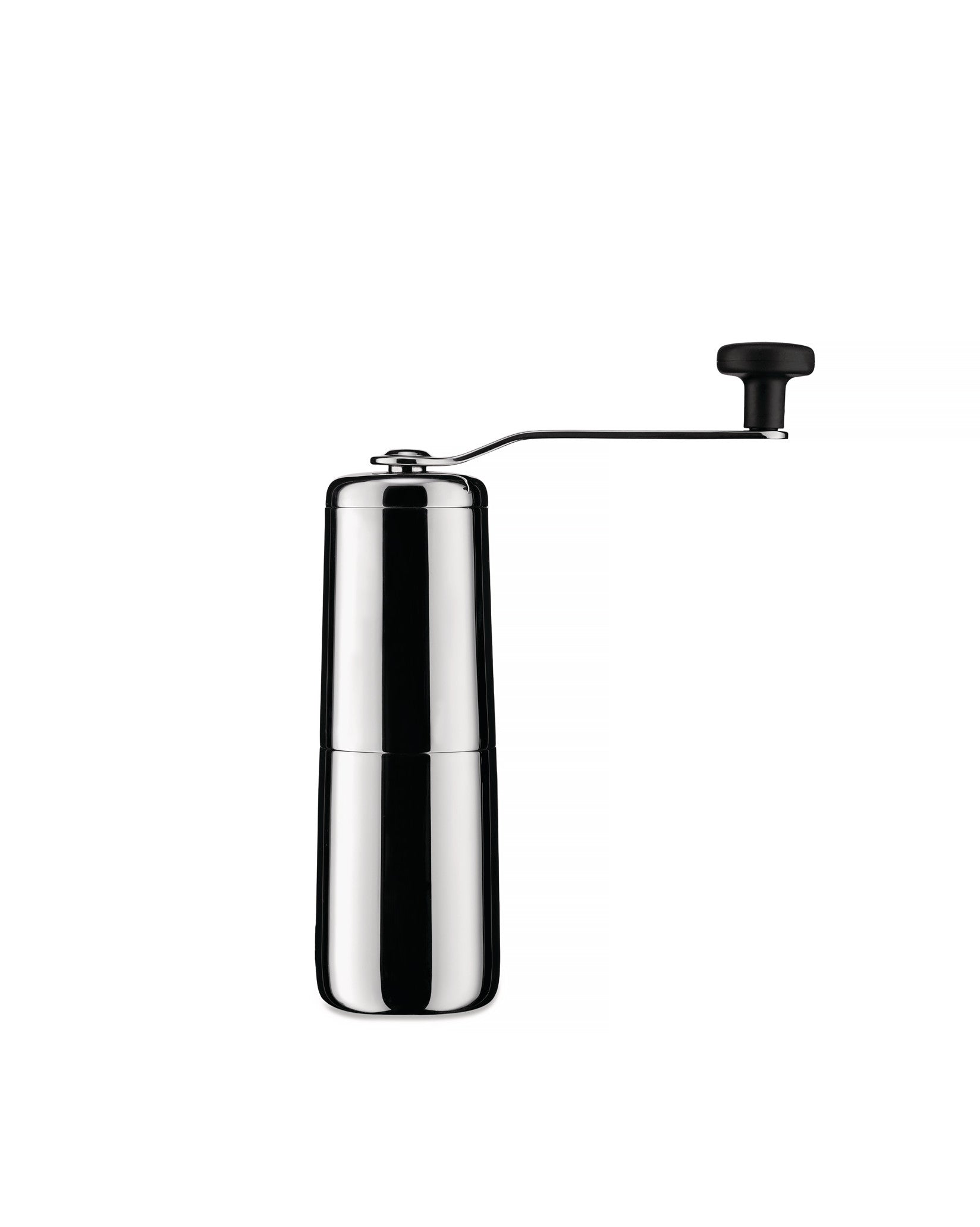 Polished stainless steel manual coffee grinder by Alessi with a black grinding handle.