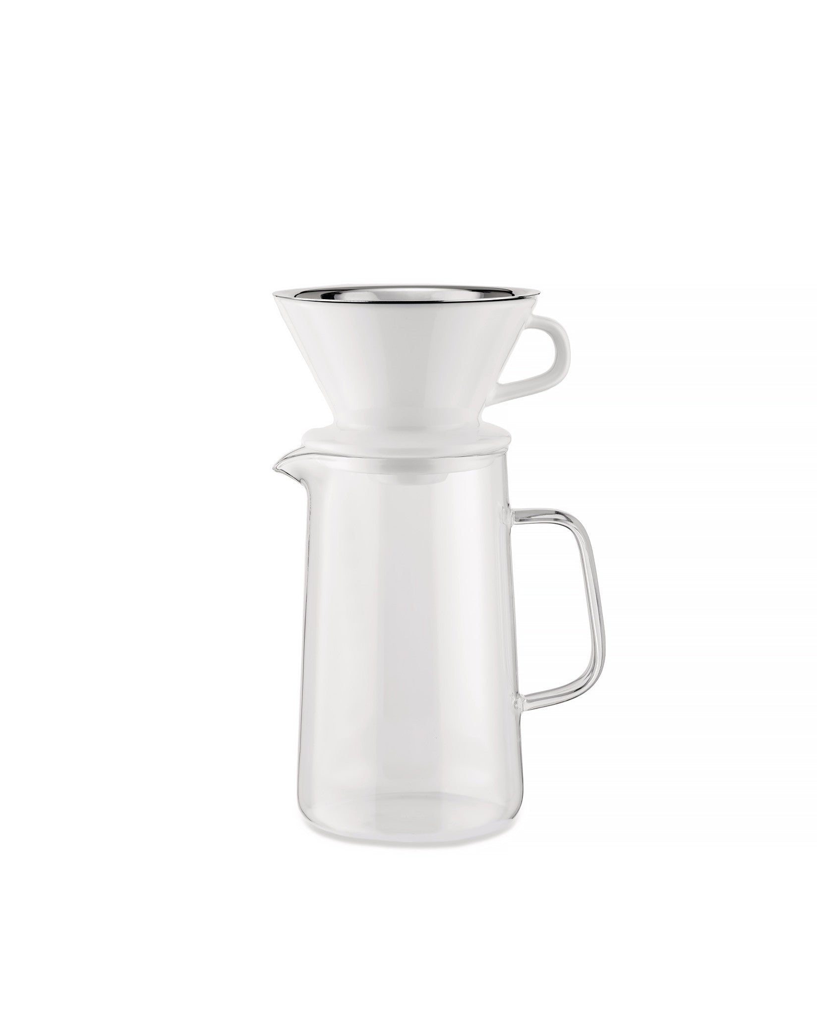 White ceramic and glass slow coffee maker set by Alessi, with a silver-rimmed pour-over cone atop a clear carafe.