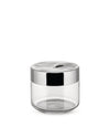 Clear glass jar with a wavy chrome lid by Alessi, centered on a white background.