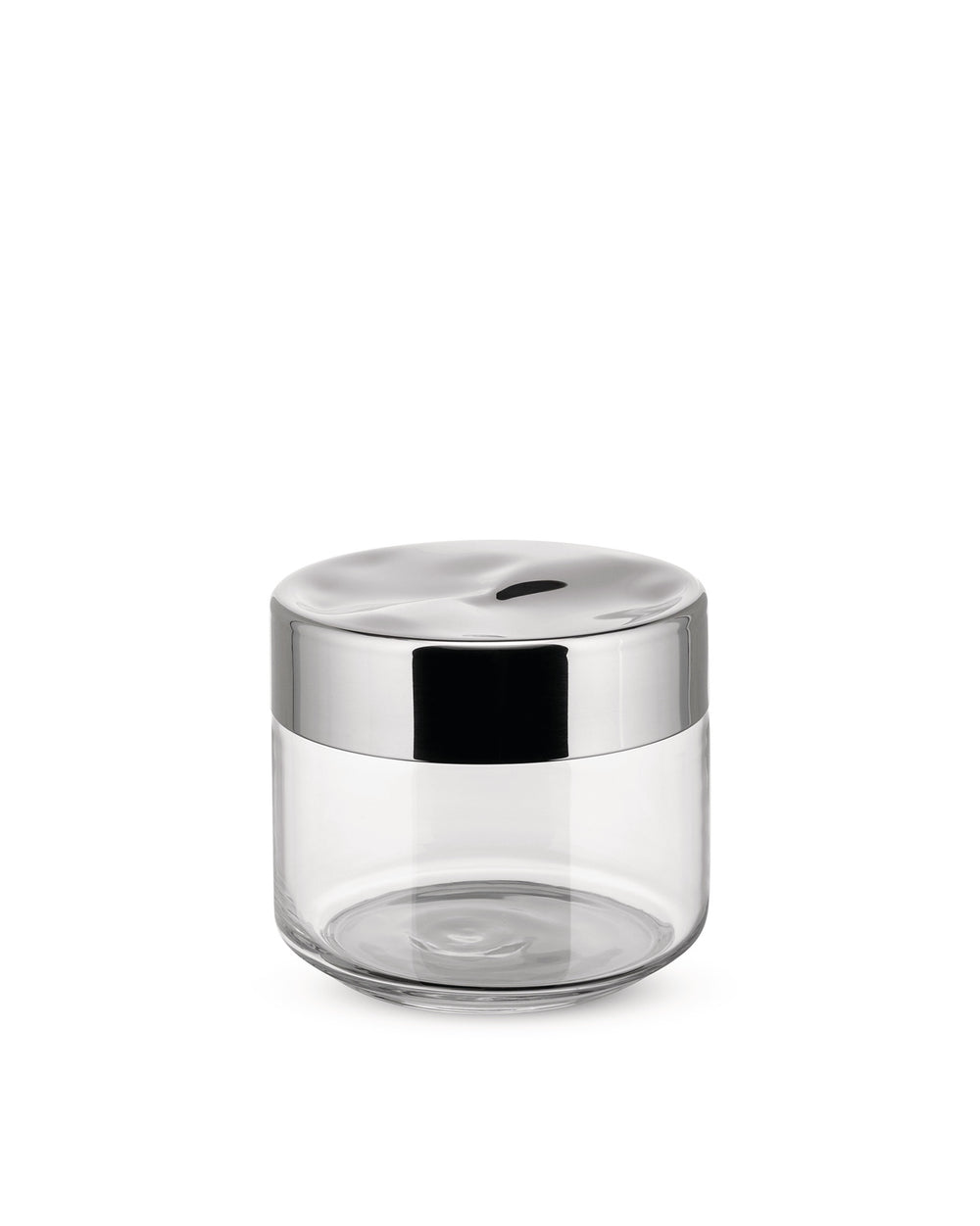 Clear glass jar with a wavy chrome lid by Alessi, centered on a white background.