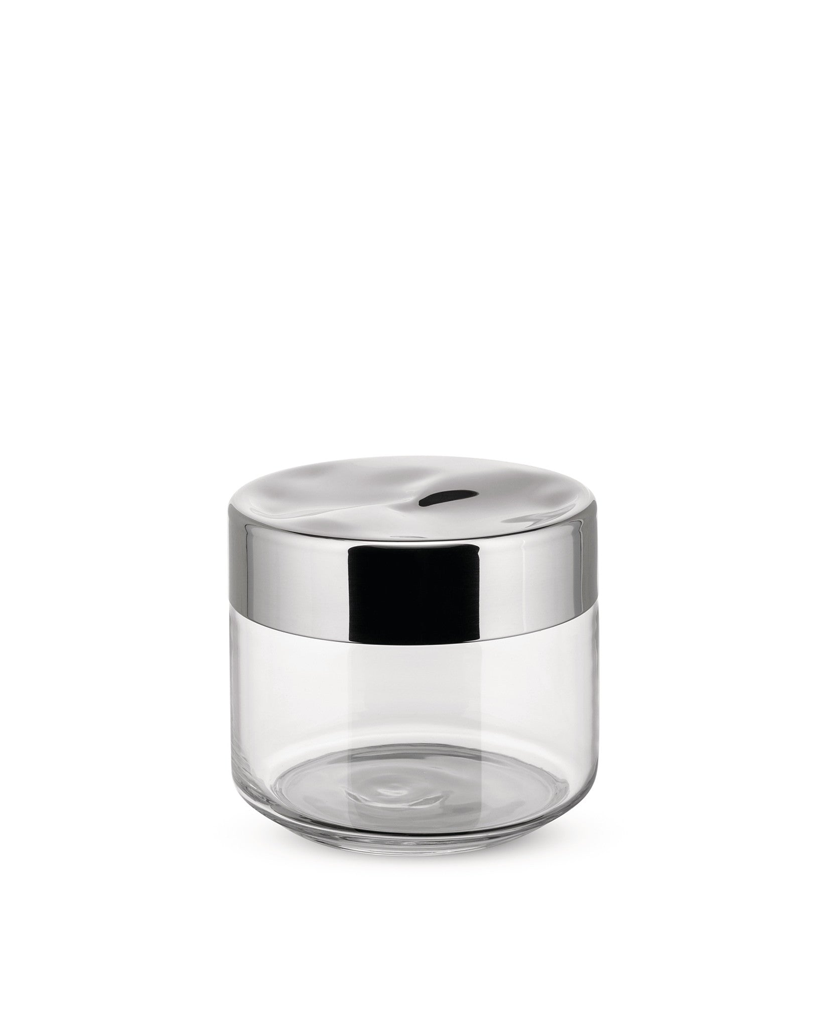 Clear glass jar with a wavy chrome lid by Alessi, centered on a white background.