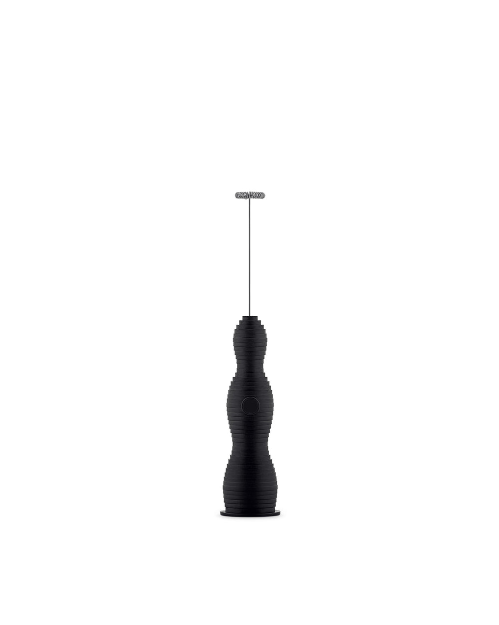 Black Pulcina handheld frother by Alessi, with a ridged, undulating body and metallic whisk.
