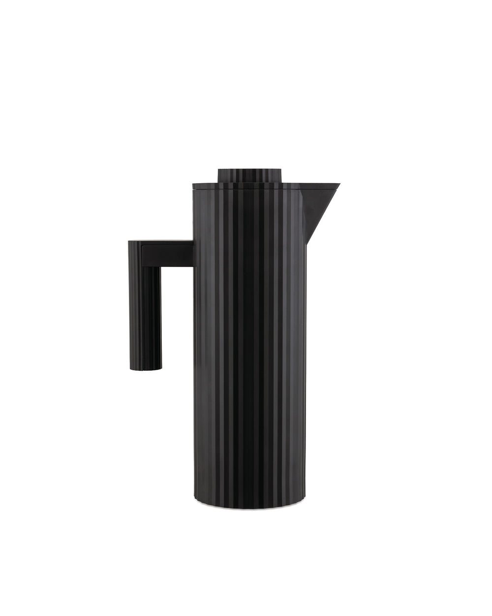 Black thermos jug by Alessi with a vertical pleated texture, handle, and pouring spout.