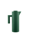Dark green thermo jug by Alessi with vertical pleated texture, a rectangular handle, and a spout.