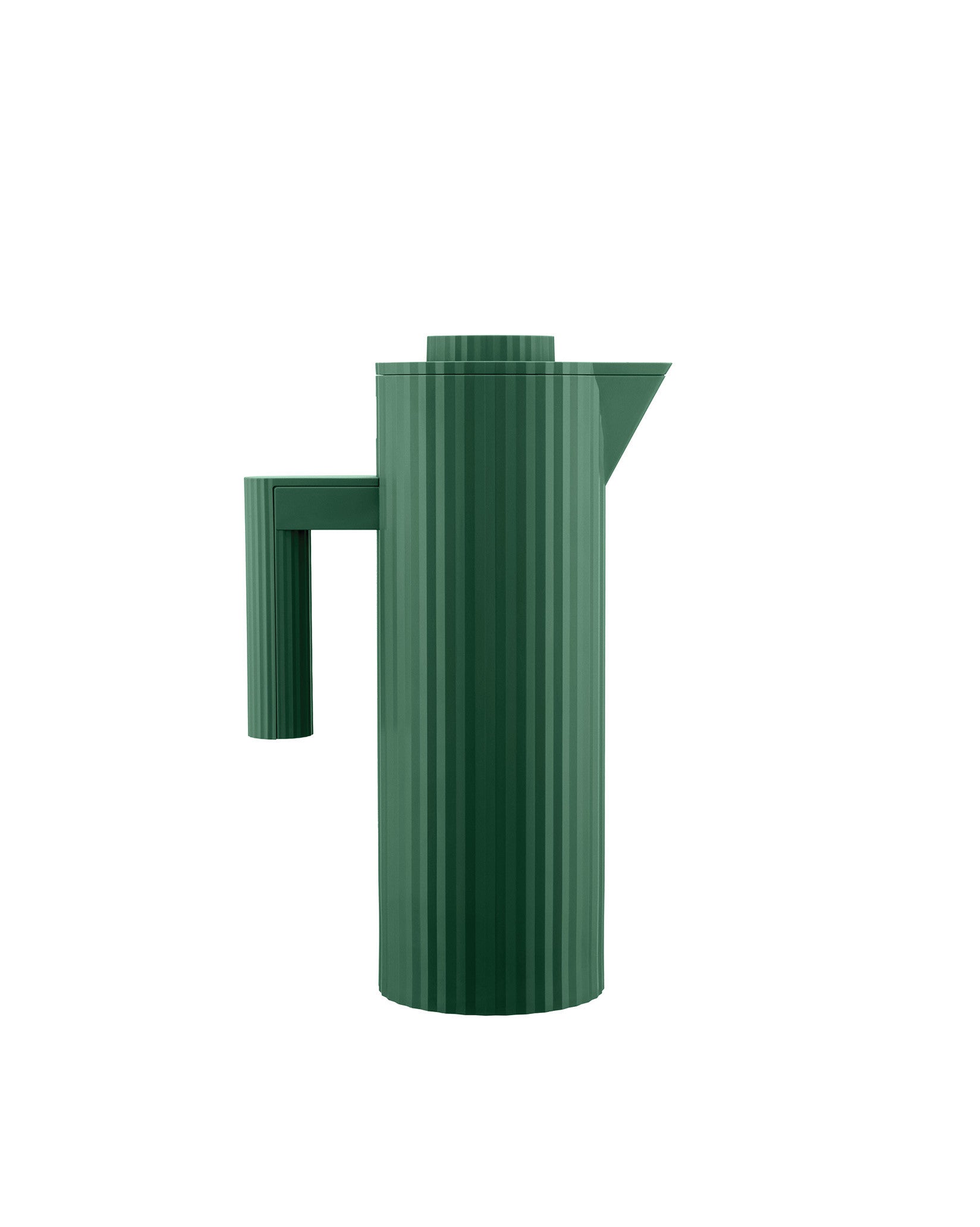Dark green thermo jug by Alessi with vertical pleated texture, a rectangular handle, and a spout.