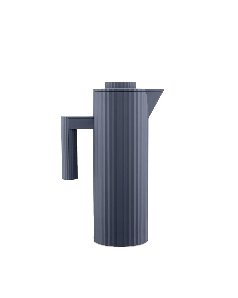 Dark gray pleated thermal jug by Alessi, featuring a handle and pouring spout.