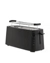 Black ribbed toaster by Alessi with a control panel and a chrome warming rack on top.