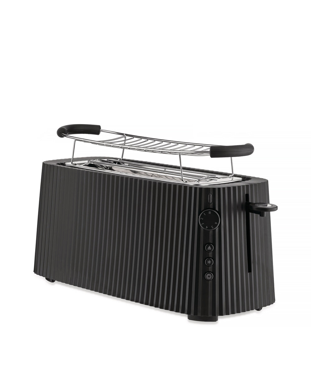 Black ribbed toaster by Alessi with a control panel and a chrome warming rack on top.