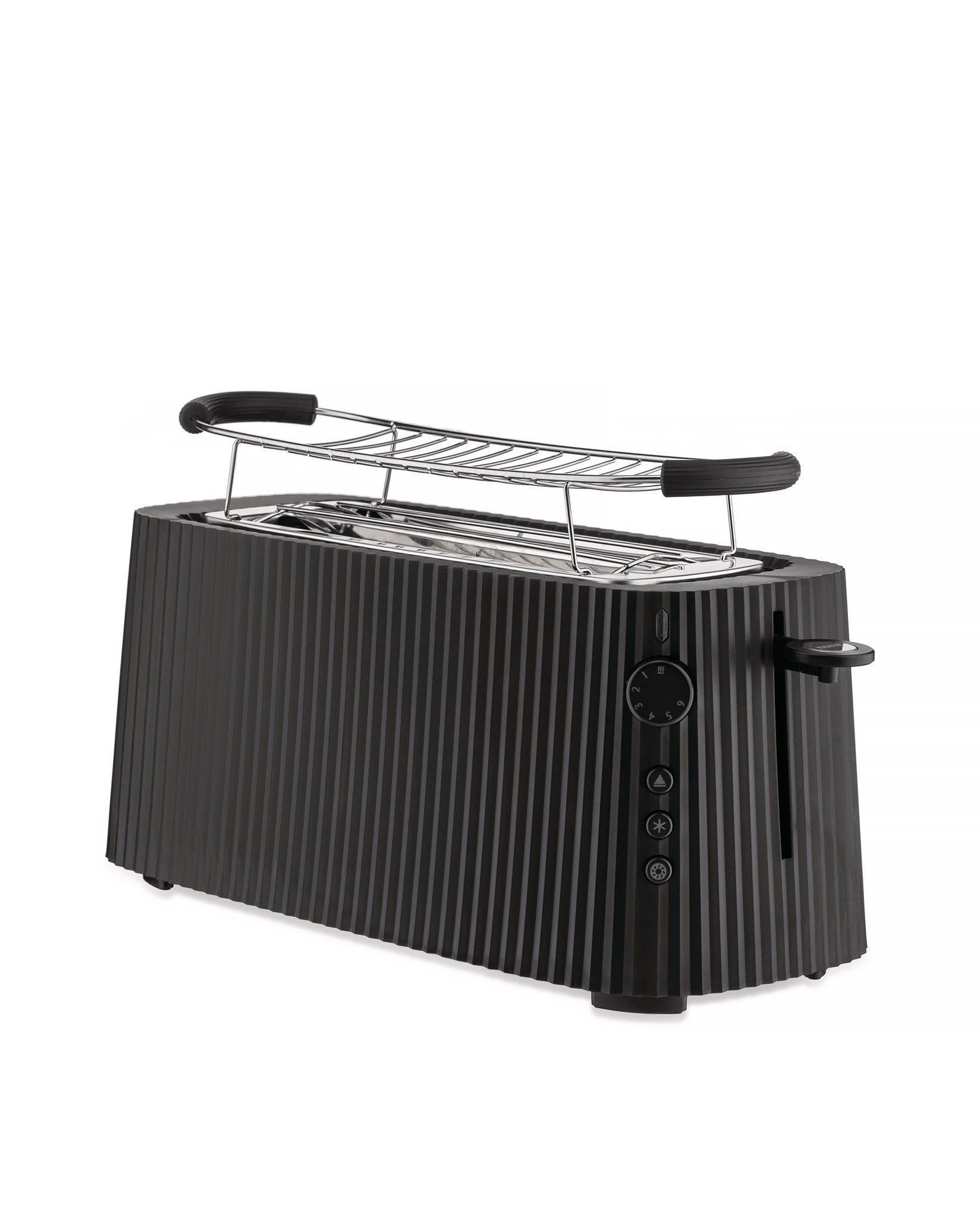 Black ribbed toaster by Alessi with a control panel and a chrome warming rack on top.