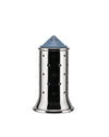 Stainless steel spice infuser by Alessi with a perforated cylindrical body and a blue conical cap.