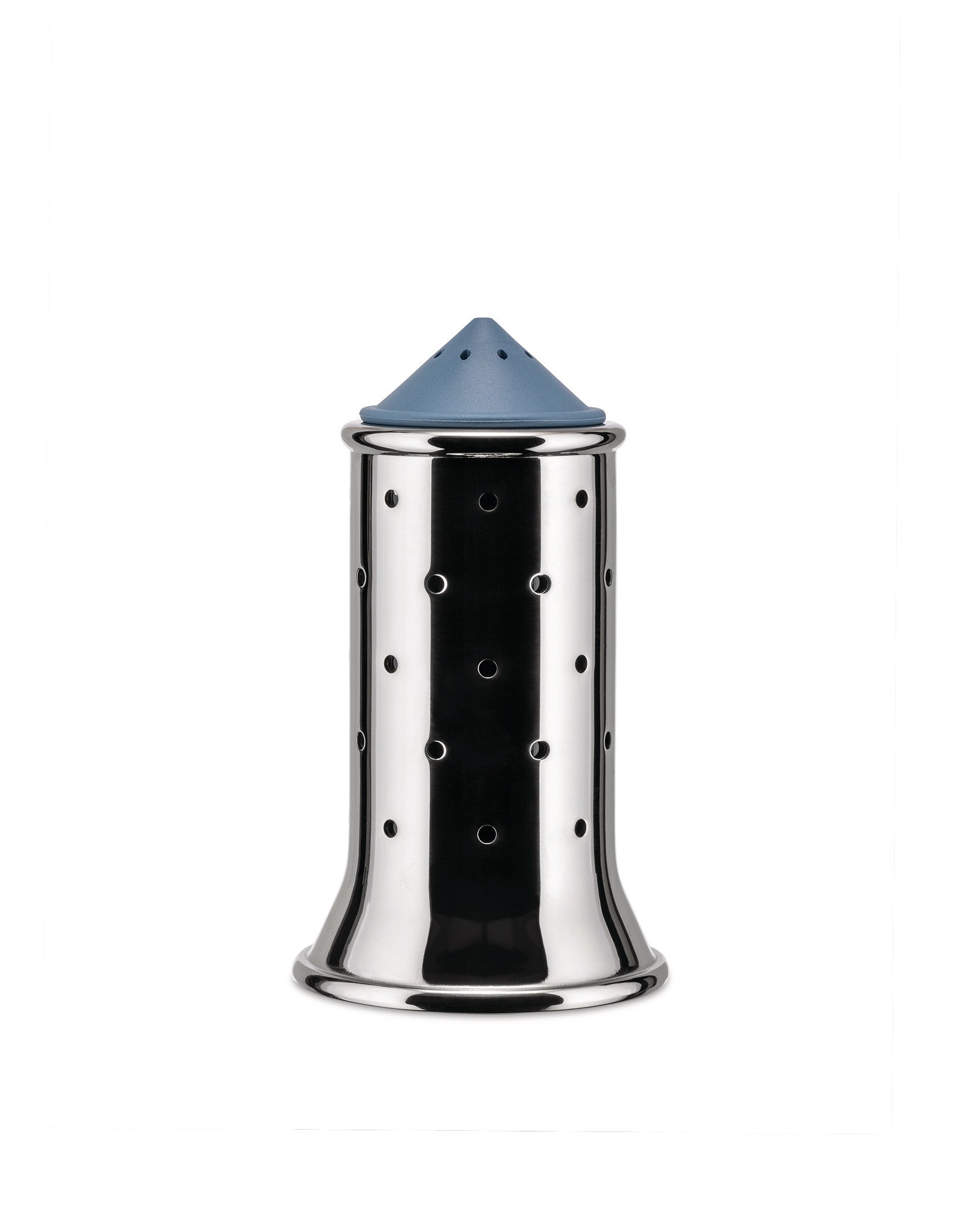 Stainless steel spice infuser by Alessi with a perforated cylindrical body and a blue conical cap.