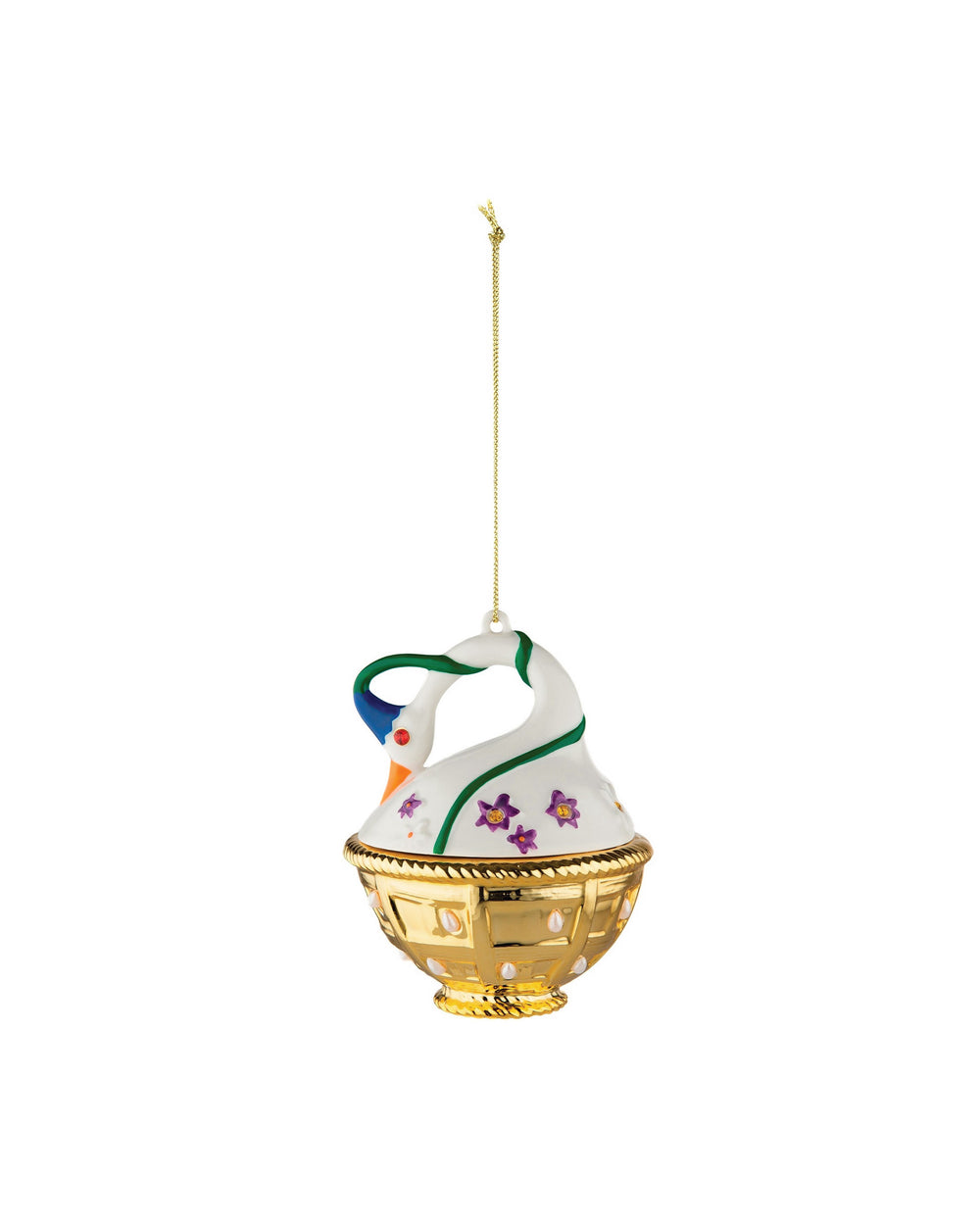 White and gold swan ornament by Alessi, with a green ribbon, purple flowers, and a golden basket base, hanging from a chain.