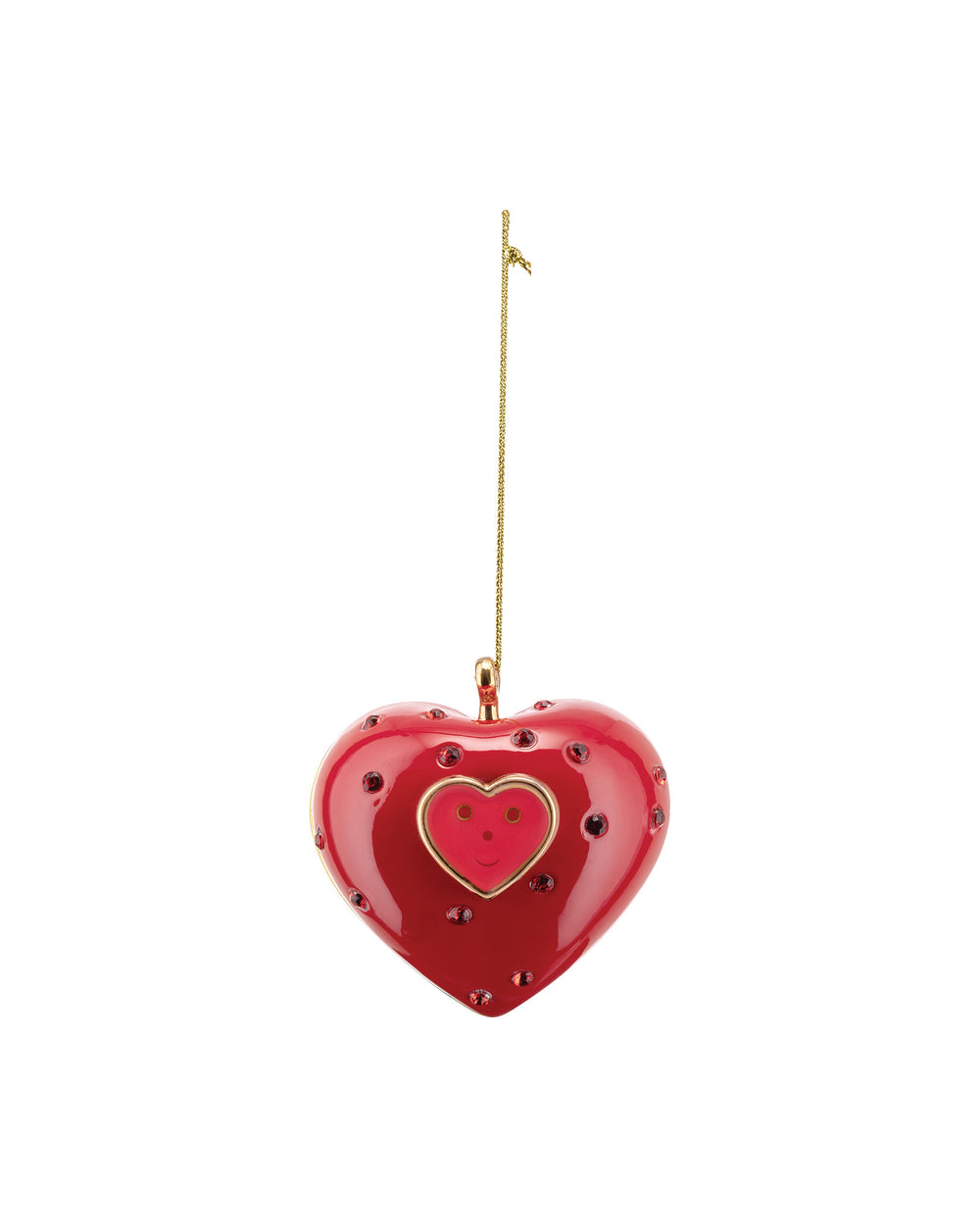 Red heart ornament by Alessi, hanging from a gold chain, adorned with red gems and a gold-framed smiley heart face.