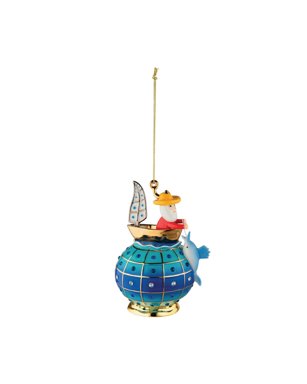 Multi-colored hanging ornament by Alessi featuring a man in a boat on a jeweled globe with a leaping fish.
