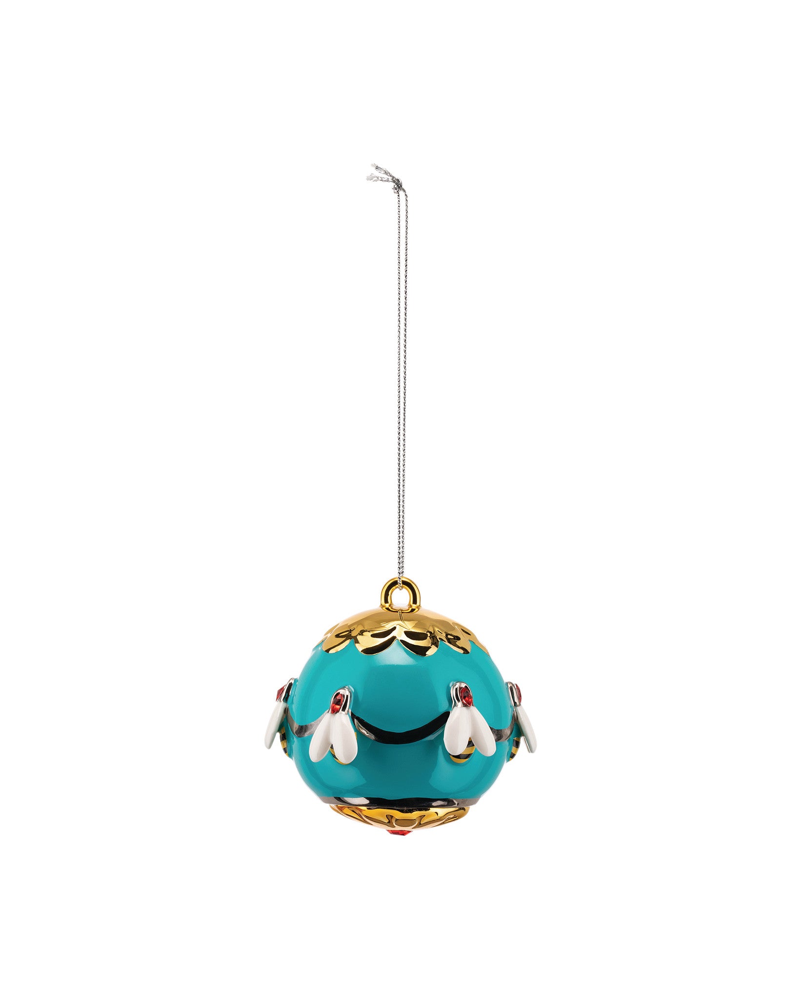 Teal blue decorative ornament by Alessi, a glossy sphere with gold trim and white bees with red eyes.