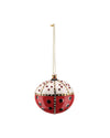 Red and white jewel-encrusted ladybug ornament by Alessi, detailed with gold accents and sparkling gems, hanging from a gold chain.