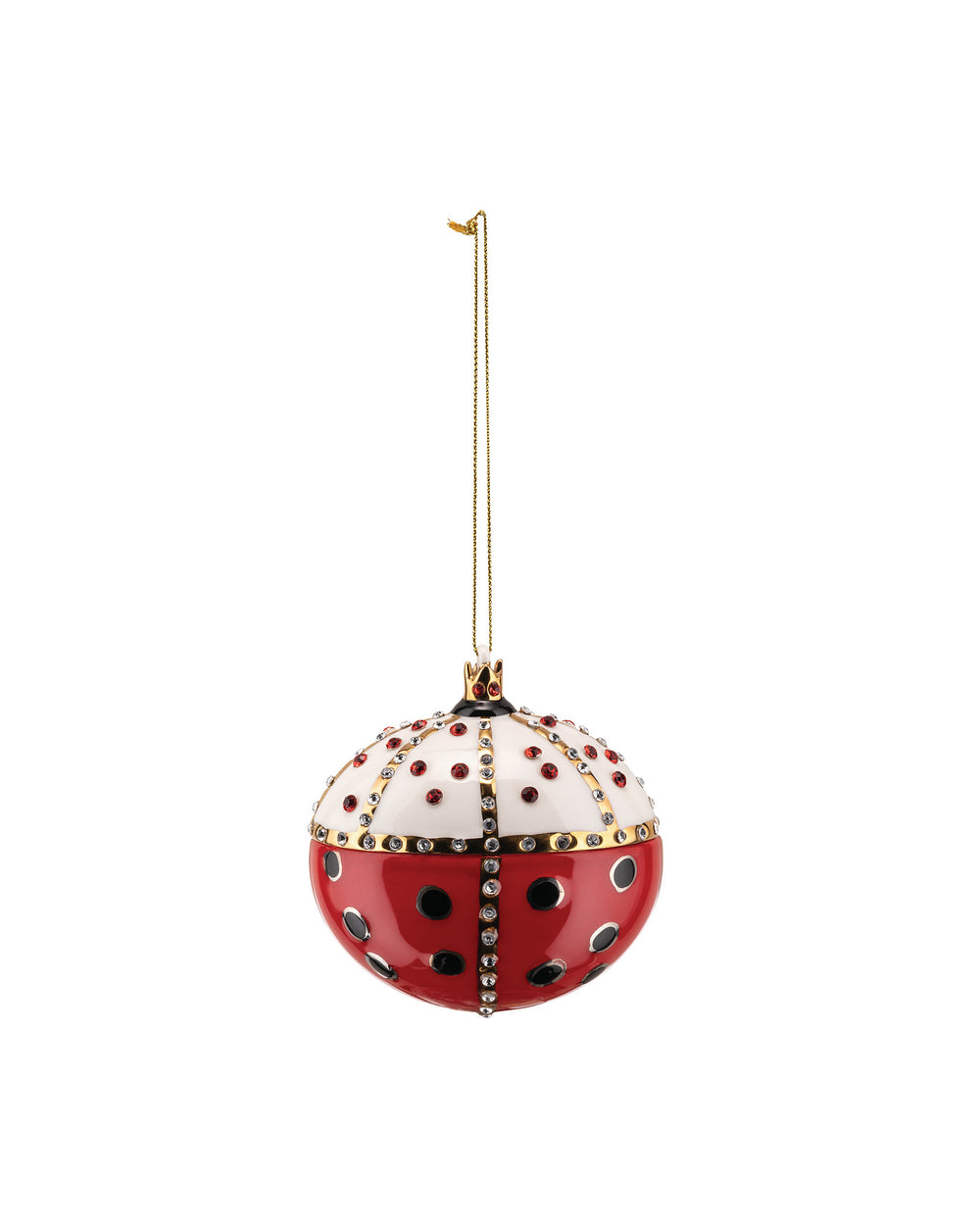 Red and white jewel-encrusted ladybug ornament by Alessi, detailed with gold accents and sparkling gems, hanging from a gold chain.
