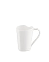 White porcelain mug by Alessi, with a unique heart-shaped rim and handle, side view.