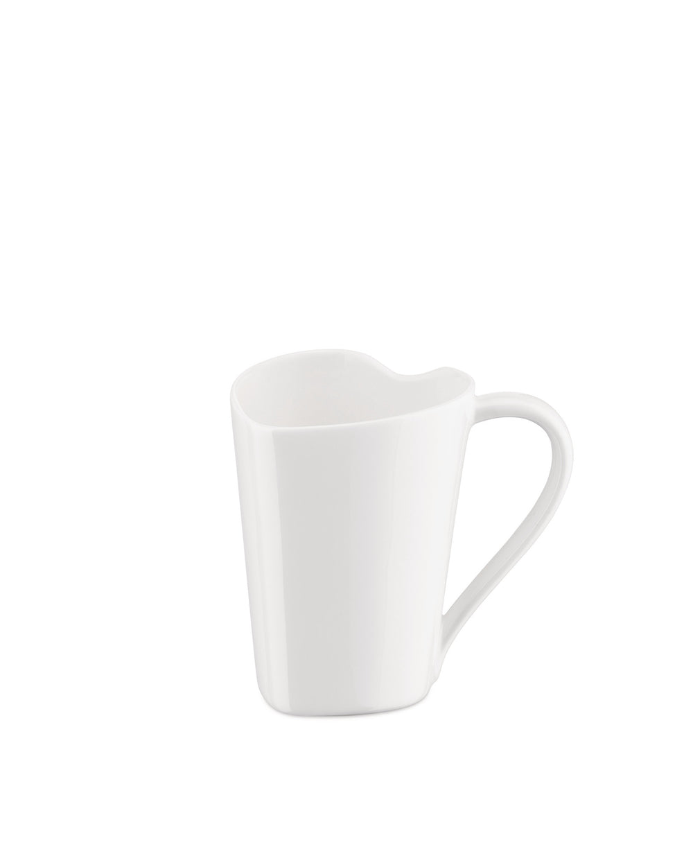 White porcelain mug by Alessi, with a unique heart-shaped rim and handle, side view.