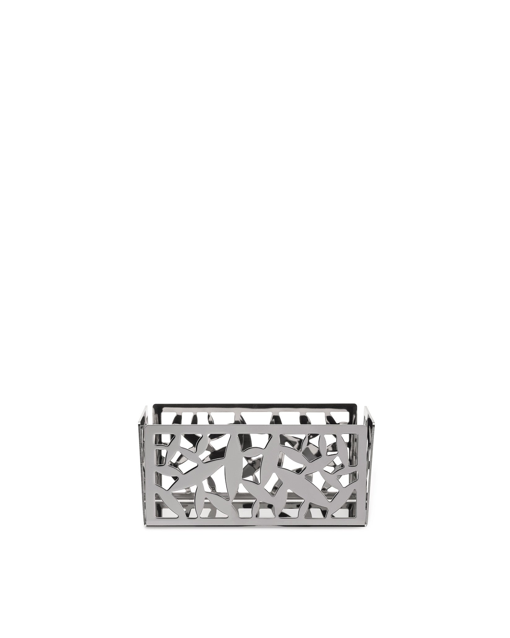 Rectangular silver-toned polished metal holder by Alessi with an abstract botanical cut-out pattern.