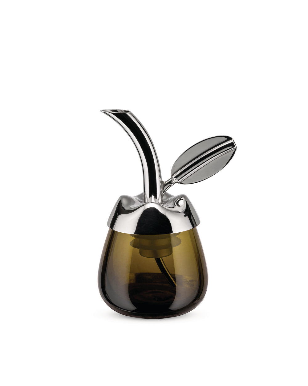 Dark glass oil cruet with polished metal top by Alessi, featuring a curved spout and decorative leaf.