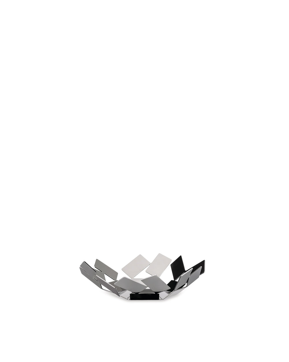 Geometric fruit bowl by Alessi, crafted from silver and black metal with irregular faceted panels.