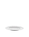 White plate by Alessi featuring a decorative, textured wavy rim, presented at a low angle.
