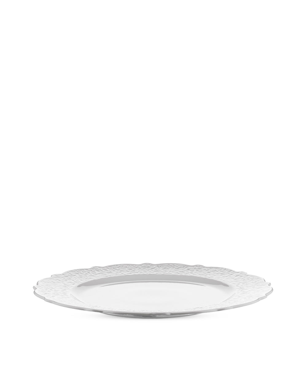White dinner plate by Alessi, with a scalloped edge and embossed wavy rim texture in an angled view.