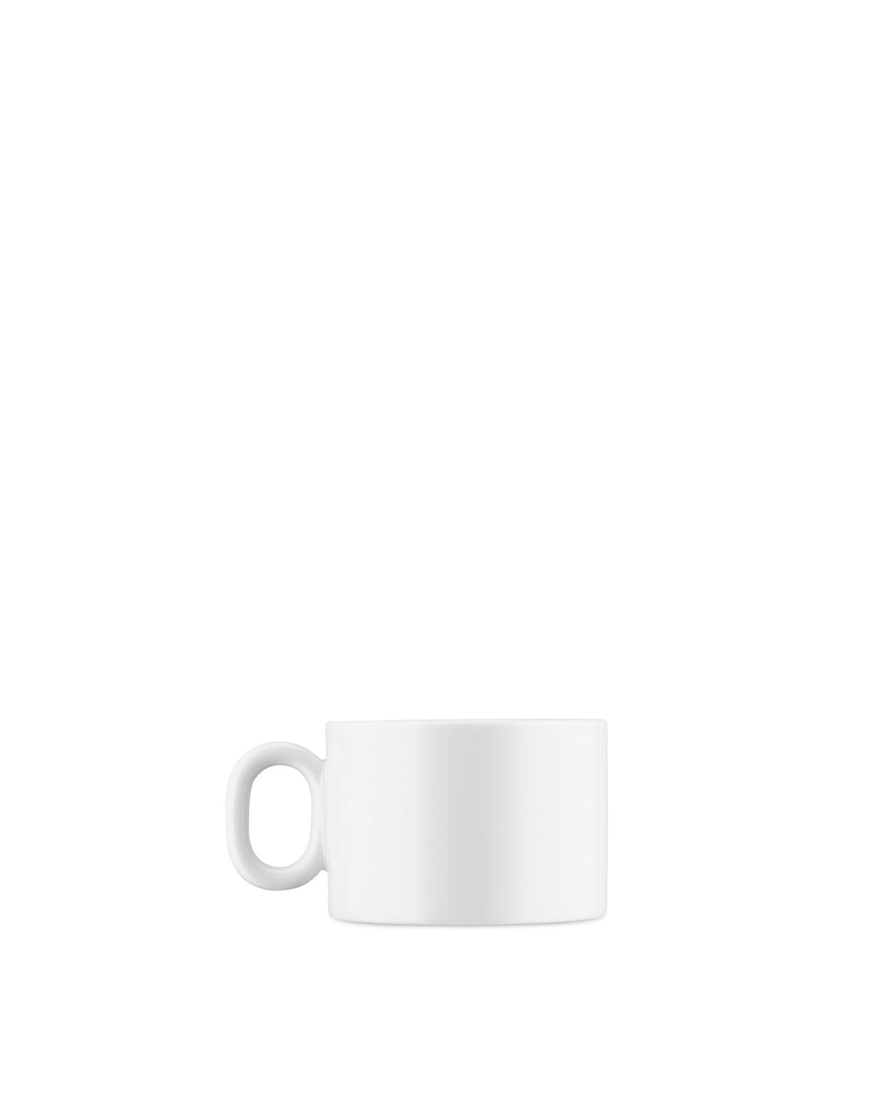 Dressed white cup by Alessi with a simple, C-shaped handle.