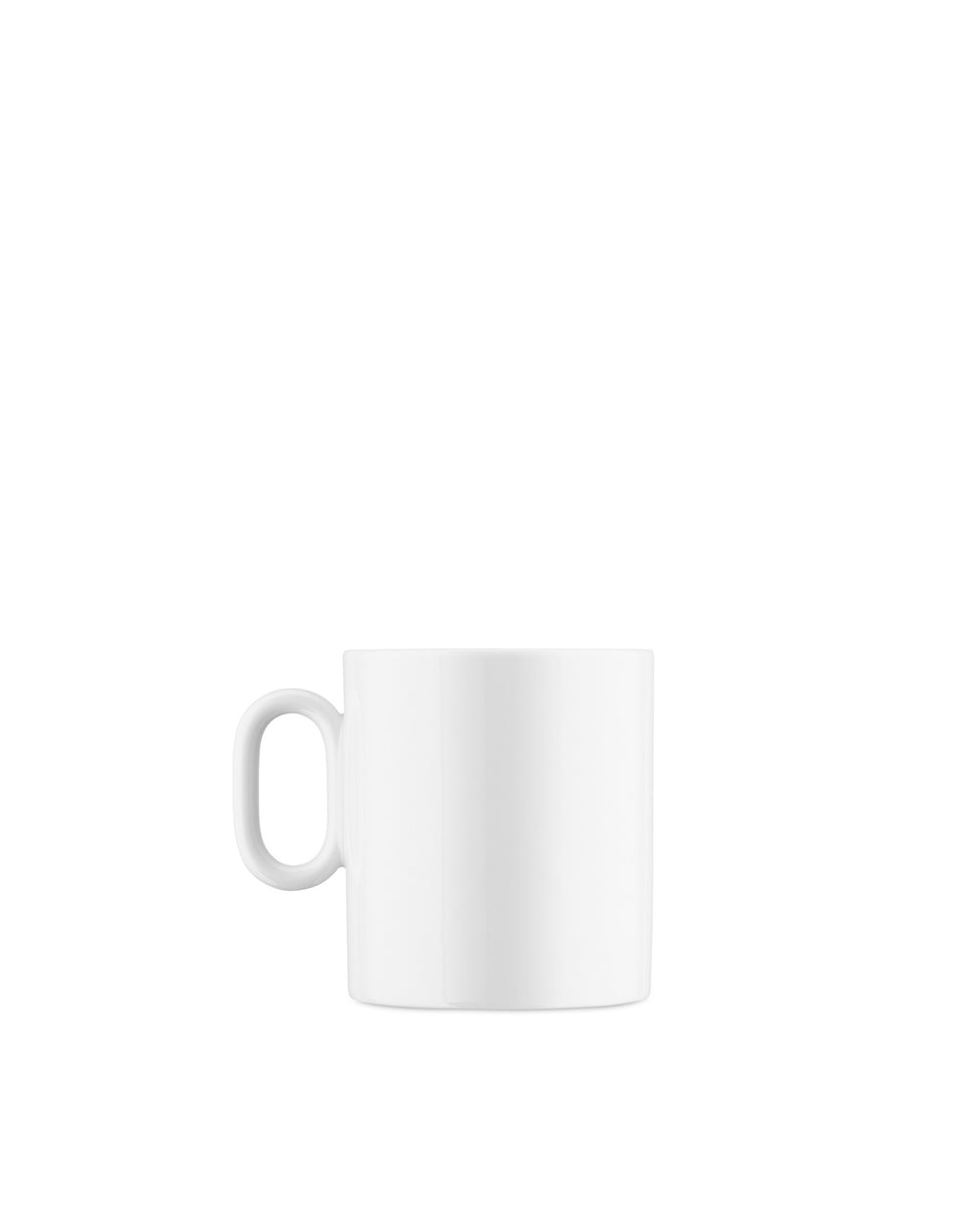 White ceramic mug by Alessi with a simple design and round handle.