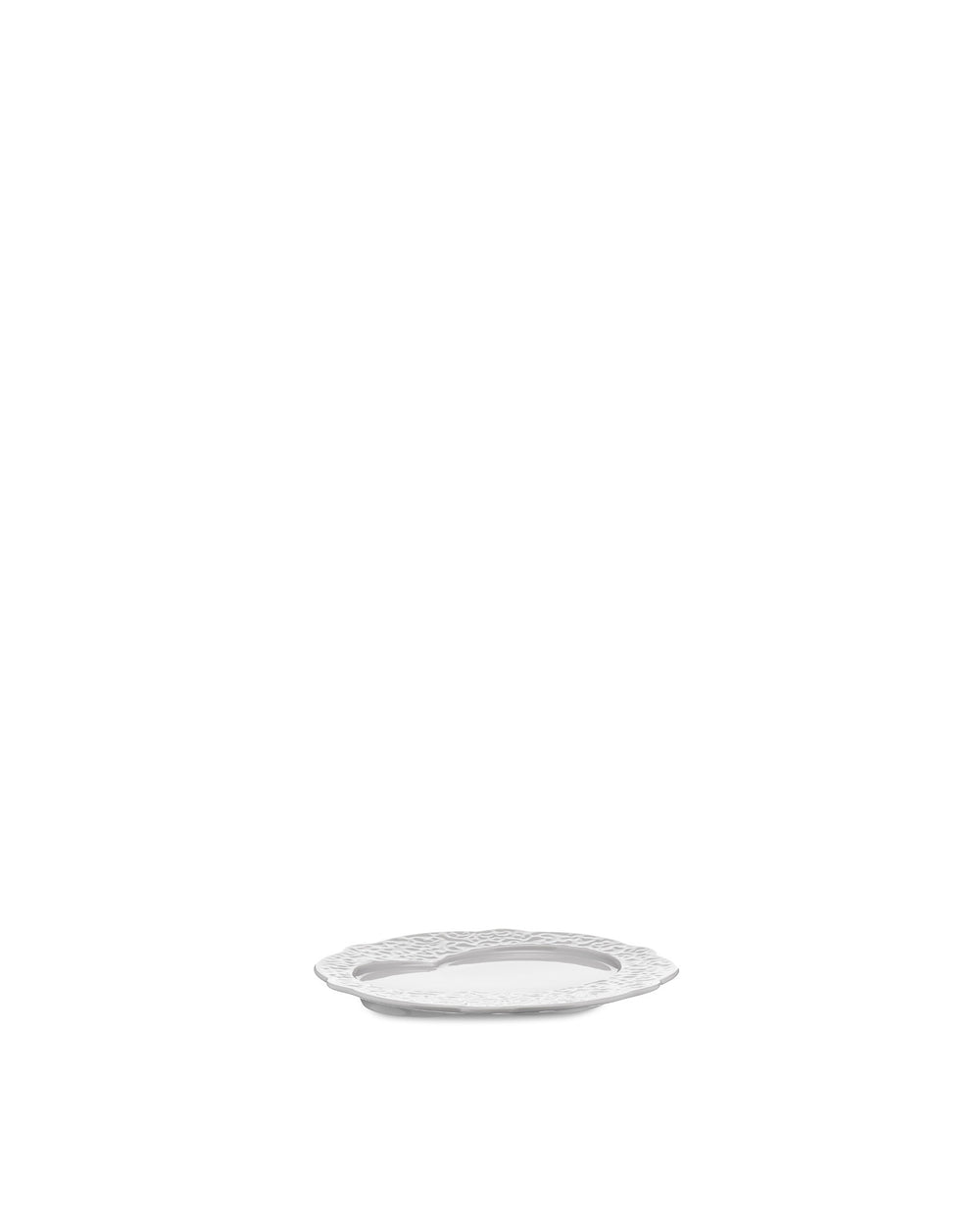 White ceramic plate by Alessi with a decorative scalloped and textured rim.
