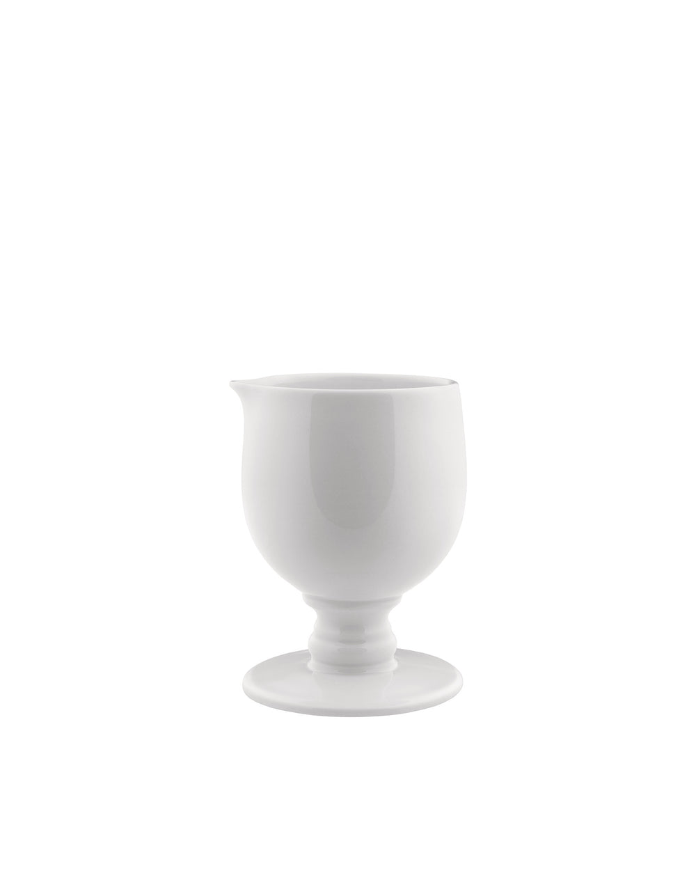 White glossy creamer by Alessi with a goblet-style base and small pouring spout.