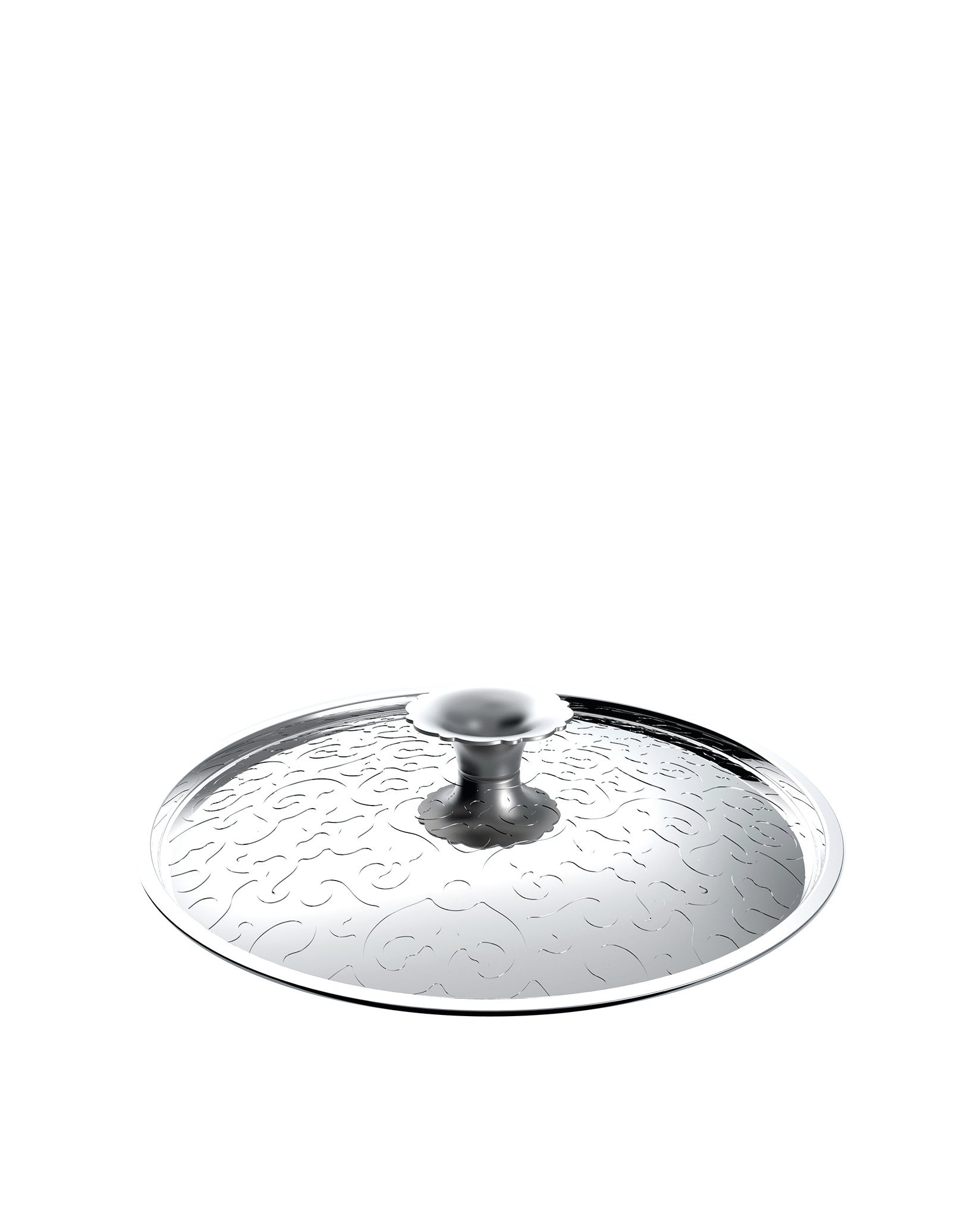 Round clear glass pot lid by Alessi with a silver handle and an etched swirl pattern.