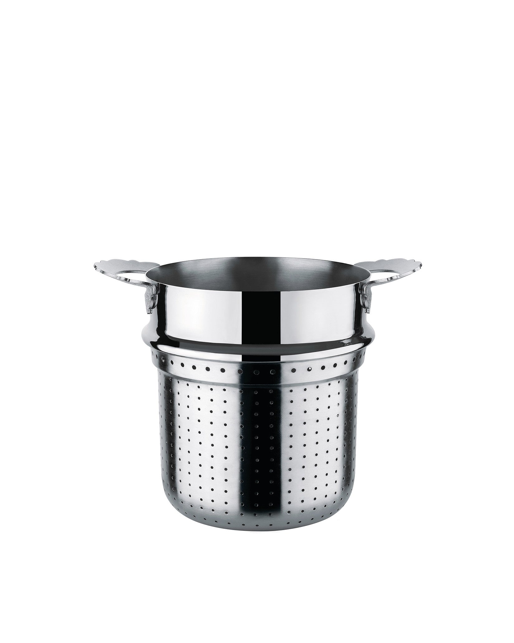 Polished stainless steel pasta pot insert by Alessi, featuring a perforated body and two scalloped handles.