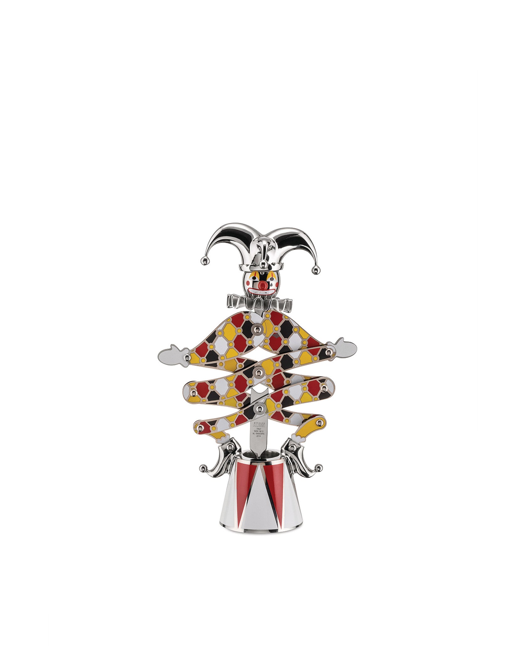 Silver and multicolored jester-shaped corkscrew by Alessi, featuring a harlequin pattern and conical base.