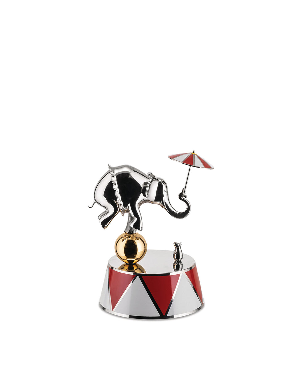 Silver elephant figurine by Alessi, balancing on a golden ball with a red and white striped umbrella and a small mouse on a circus-patterned base.