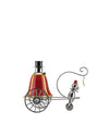 Red and silver Ringleader decorative set by Alessi, with a black top hat, clown on a unicycle, and golden accent.