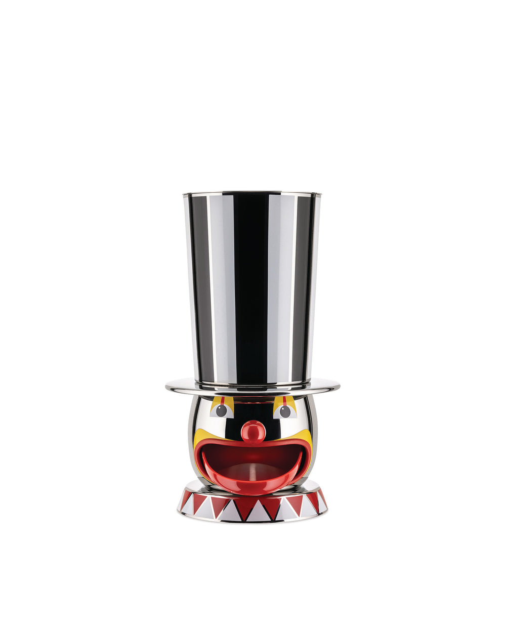 Colorful polished metal clown egg cup by Alessi, with a striped top hat and geometric base.