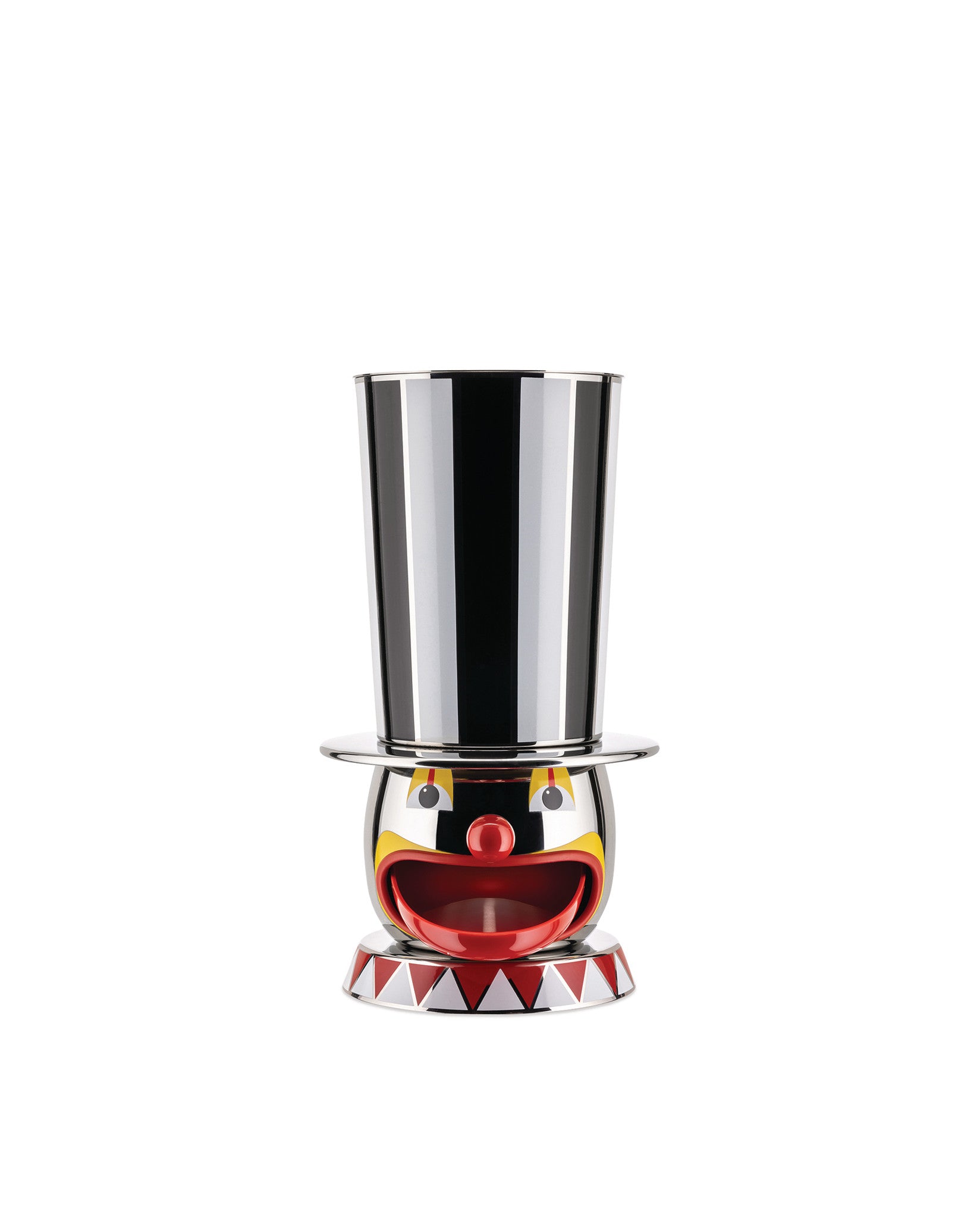 Colorful polished metal clown egg cup by Alessi, with a striped top hat and geometric base.