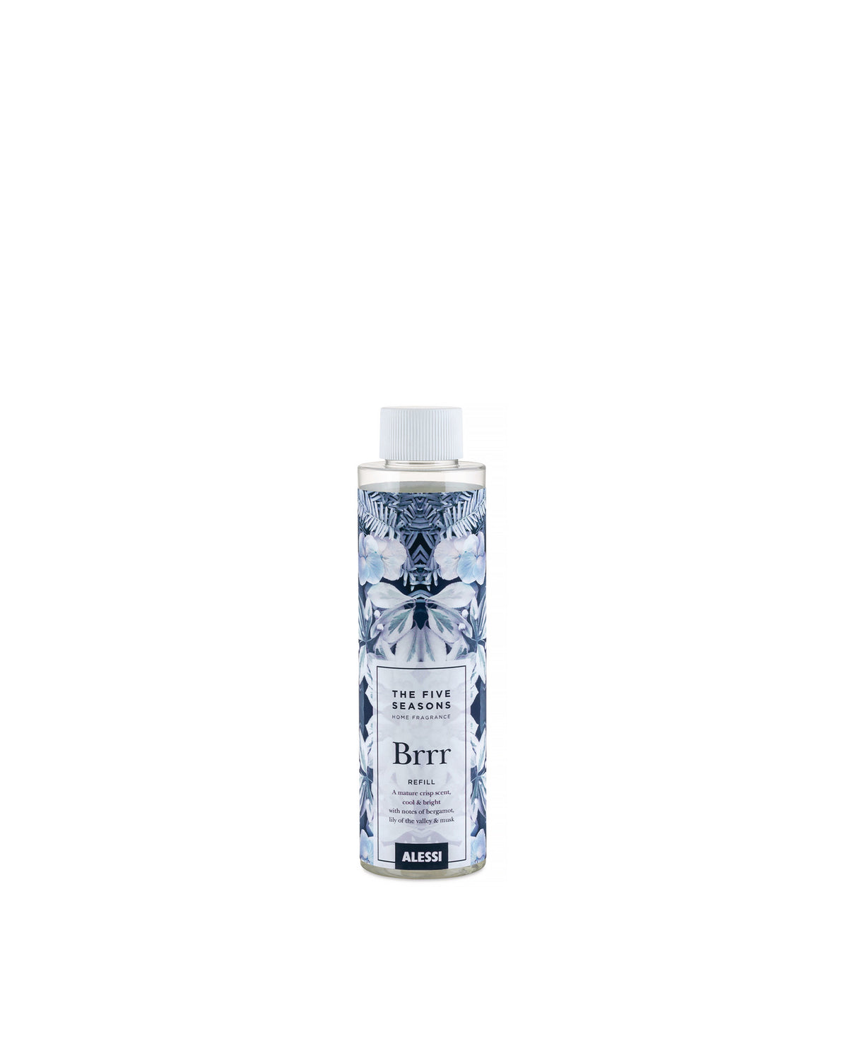 Clear home fragrance refill bottle with a white cap by Alessi, adorned with a blue and white floral pattern and a 'Brrr' label.