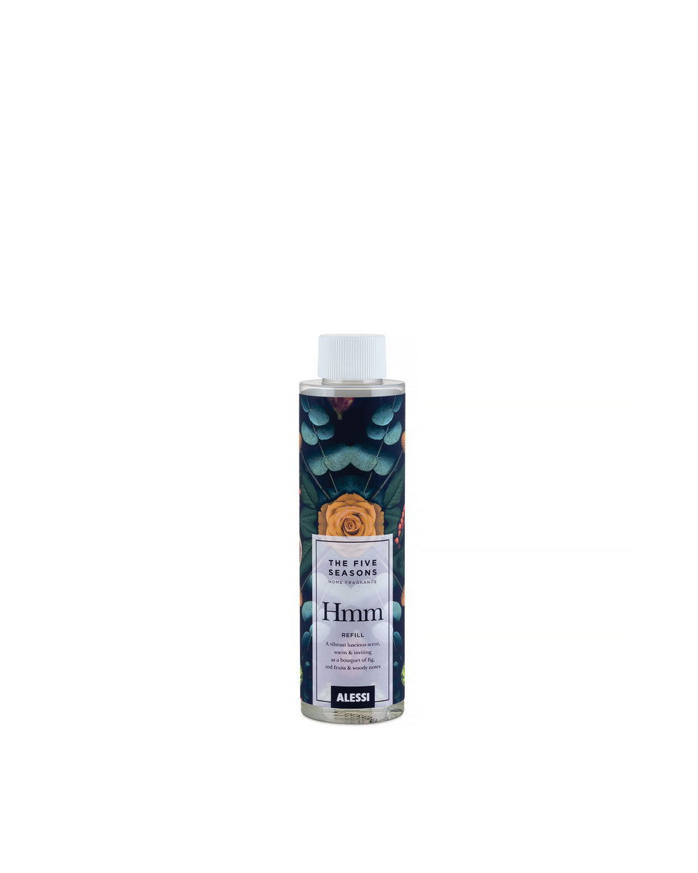 Home fragrance refill bottle by Alessi, with a clear body, white cap, and a dark floral label featuring an orange rose and green leaves.