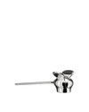 Silver metallic honey dipper by Alessi with a long handle and a unique stylized head with wing-like elements.