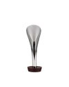 Silver-toned metal wine funnel by Alessi with a sleek, sculptural design and a dark wood base.