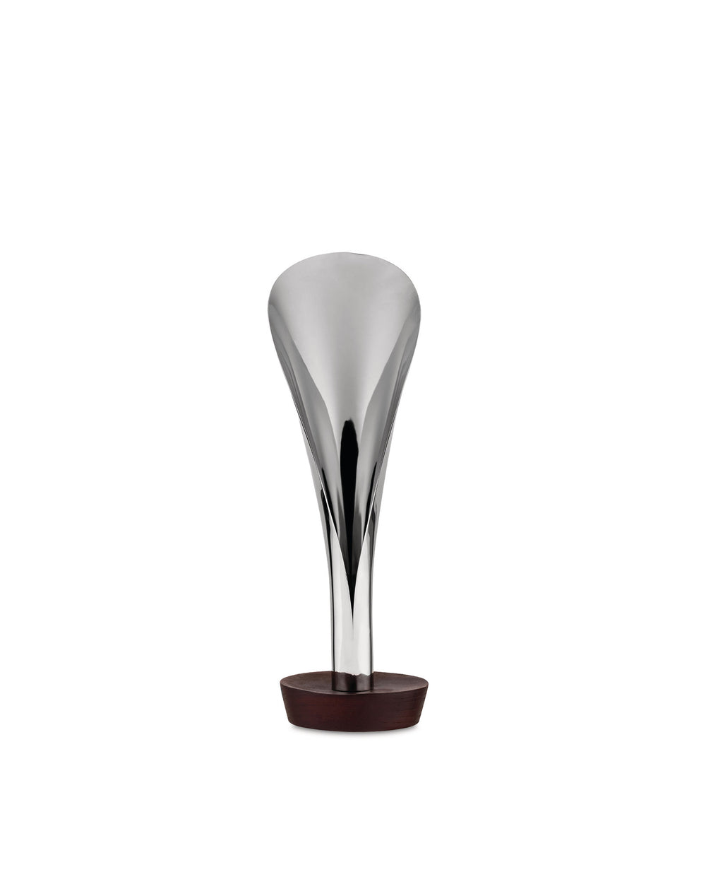 Silver-toned metal wine funnel by Alessi with a sleek, sculptural design and a dark wood base.