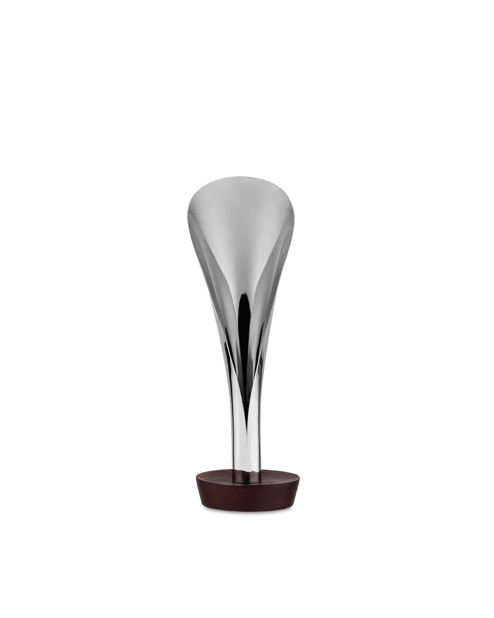 Silver-toned metal wine funnel by Alessi with a sleek, sculptural design and a dark wood base.
