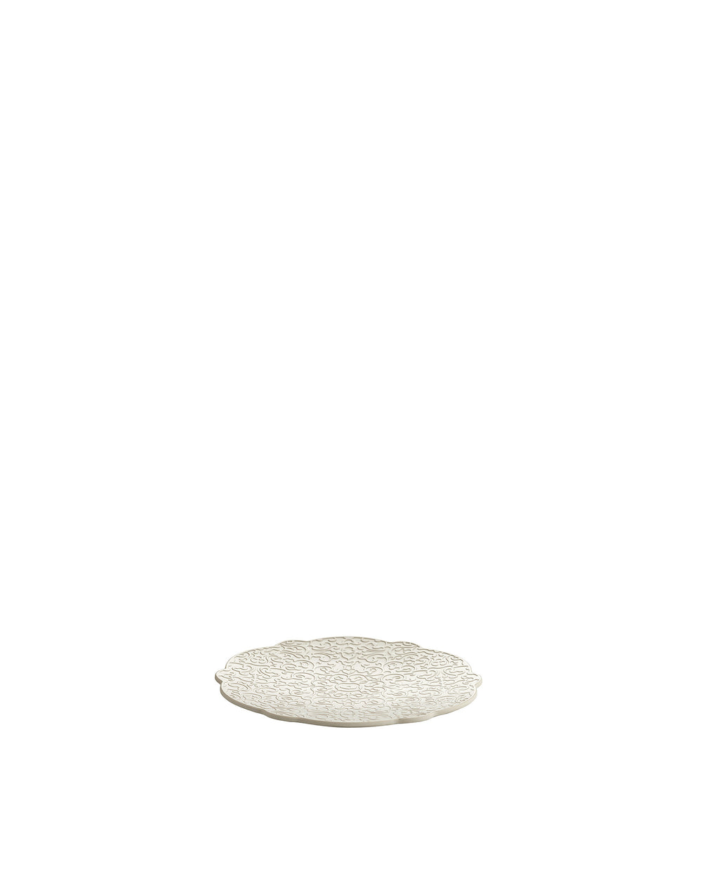 Light beige serving tray by Alessi with intricate swirl pattern and scalloped edges.