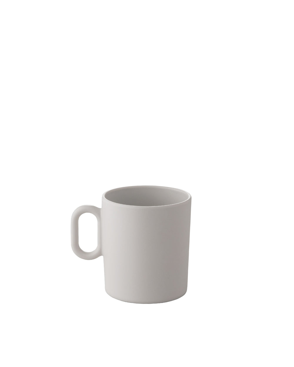 Light grey ceramic mug by Alessi with a matte finish and rounded handle.