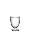 Clear glass footed goblet by Alessi, with a wide bowl, isolated on a white background.