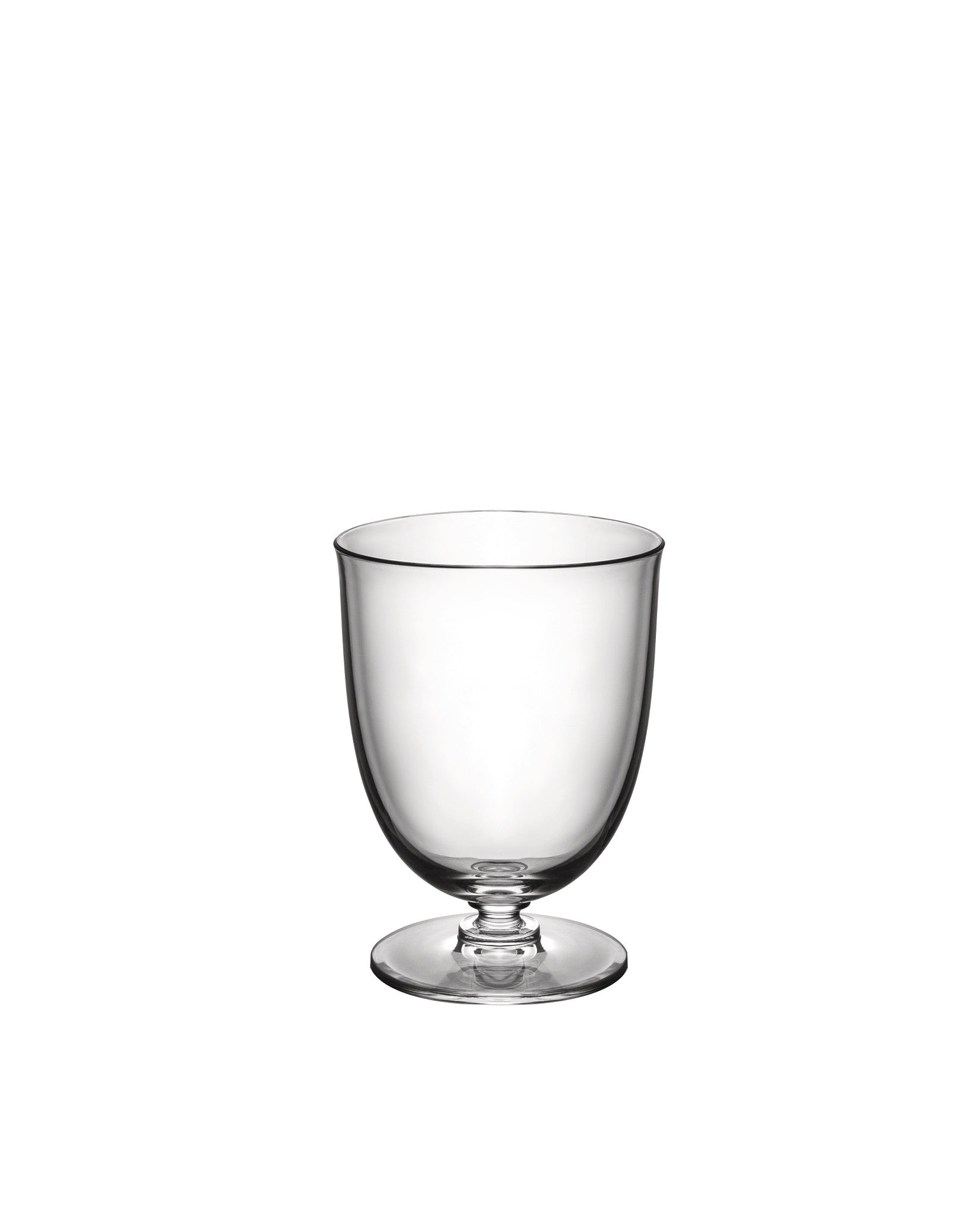 Clear glass footed goblet by Alessi, with a wide bowl, isolated on a white background.