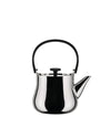 Polished stainless steel teapot with a black handle and knob by Alessi, featuring a sleek, curved body.